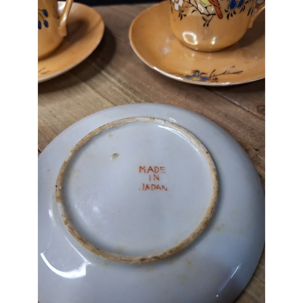 Vintage Lusterware Demitasse Tea Cups Saucers Set 2 Japan Bird Floral Iridescent